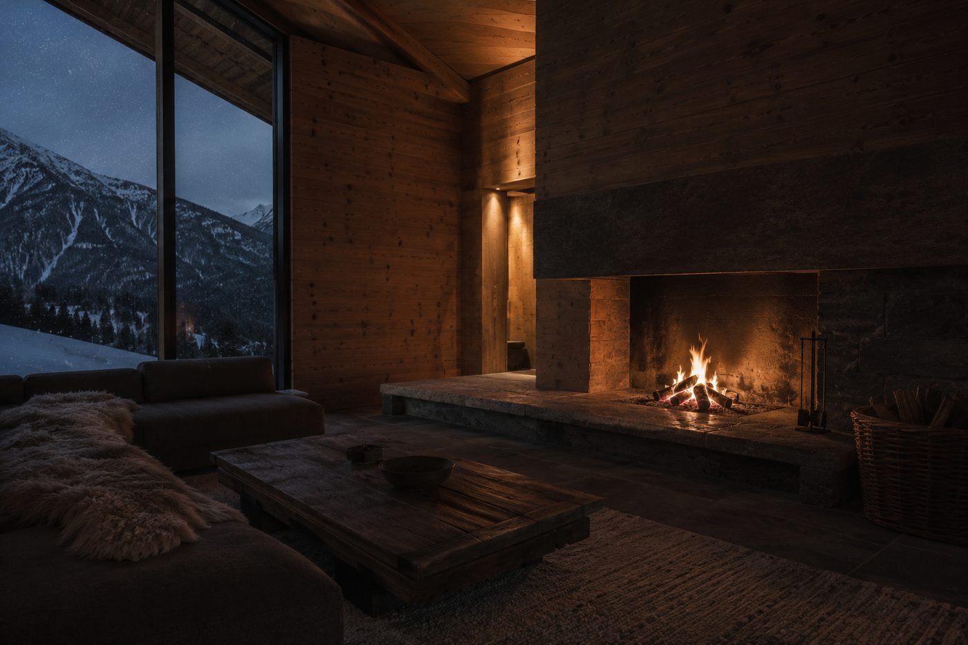 The hearth at Fernhaus at night: an open fire in a stone surround, larch walls, sheepskin and a low timber table.