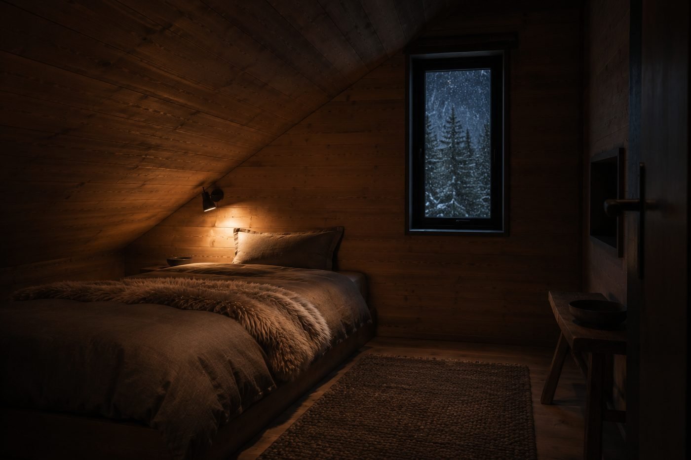 The Attic at Fernhaus: a single low bed under a sloping larch ceiling, one narrow window with snow falling outside, warm reading lamp.