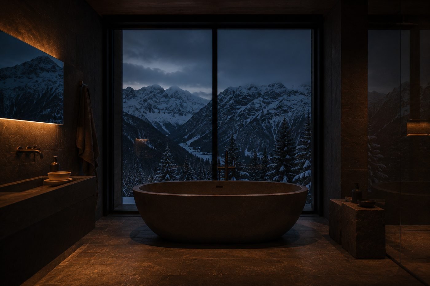 The Long Room at Fernhaus: a deep stone bath set against a full-height window looking out at snow-covered peaks at dusk.