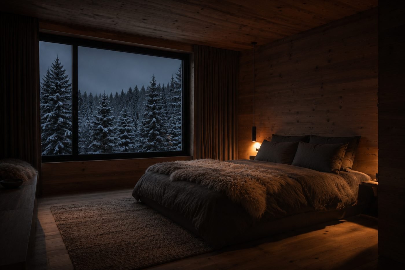 The Forest Room at Fernhaus: a low bed with wool and sheepskin, larch walls, a wide dark-framed window onto snow-laden pines.