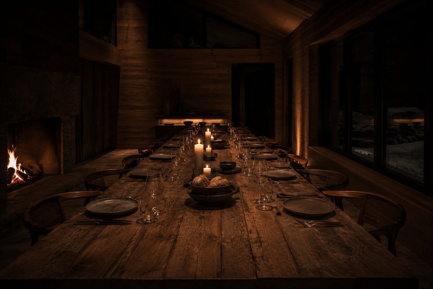 The long communal table at Fernhaus, laid for dinner by candlelight, with the fire burning at the far end.