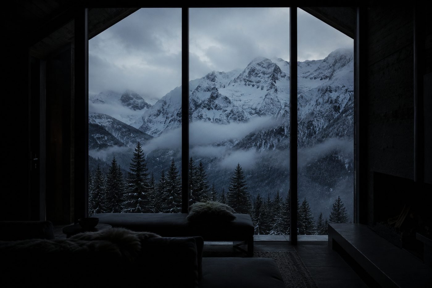 The long room at Fernhaus, in shadow, looking out through a full-height window at snow-covered peaks and low cloud.